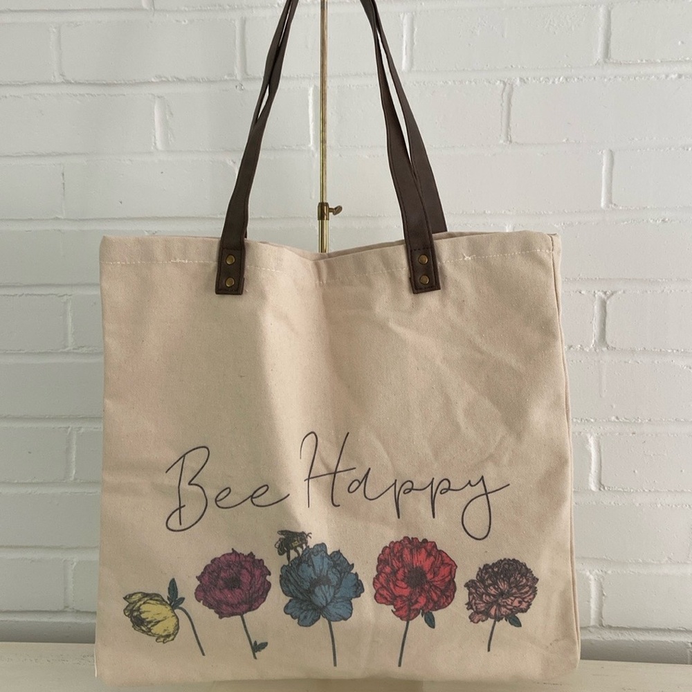 Never used-Cream Canvas Tote Bag With Faux Brown Handles Bee Happy Design